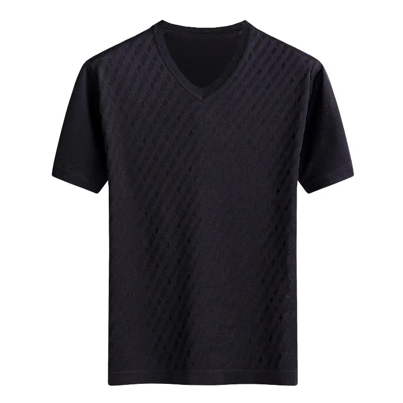 Men V-Neck Silk T-Shirt Blue Medium - Image 2