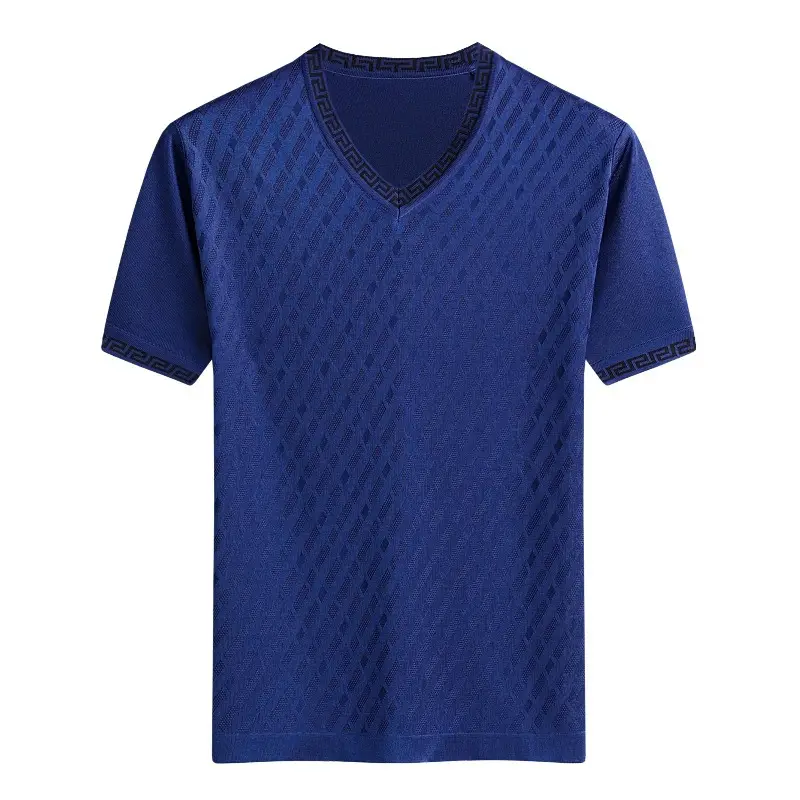Men V-Neck Silk T-Shirt Blue Medium - Image 3