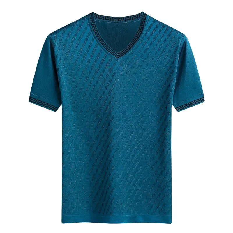Men V-Neck Silk T-Shirt Blue Medium - Image 4