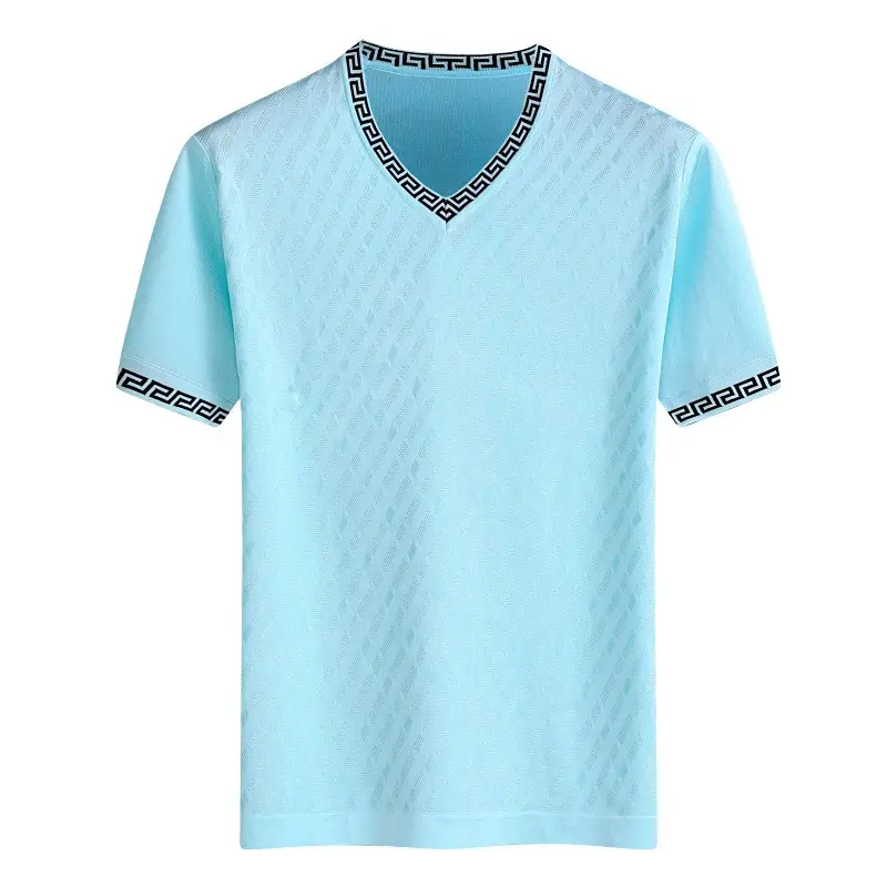 Men V-Neck Silk T-Shirt Blue Medium - Image 6