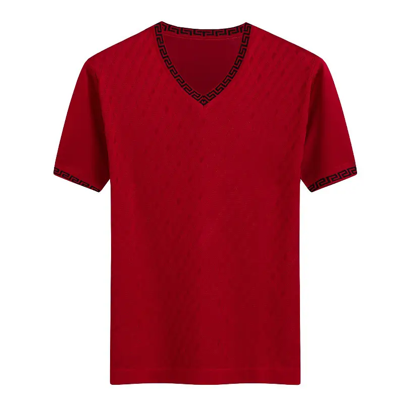 Men V-Neck Silk T-Shirt Blue Medium - Image 7