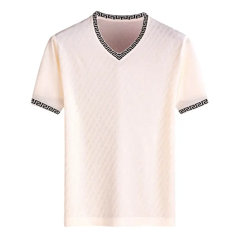 Men V-Neck Silk T-Shirt Blue Medium - Image 8