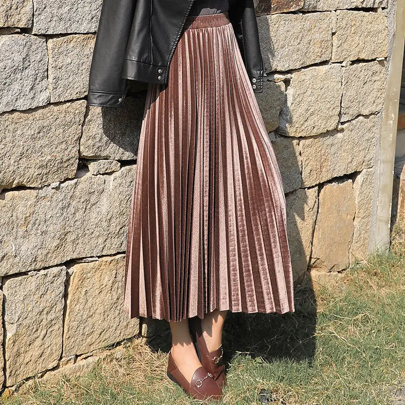 Gold Velvet Pleated Skirt Mid Length Women - Image 7