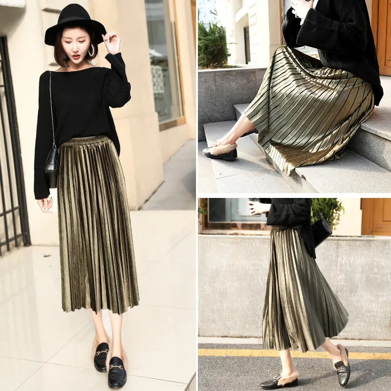 Gold Velvet Pleated Skirt Mid Length Women - Image 8