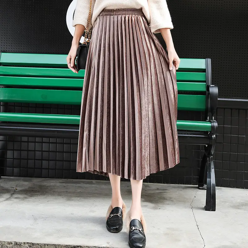 Gold Velvet Pleated Skirt Mid Length Women - Image 2