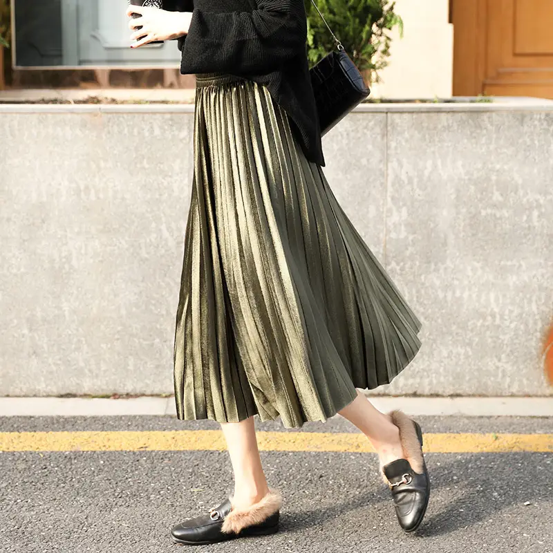 Gold Velvet Pleated Skirt Mid Length Women - Image 3