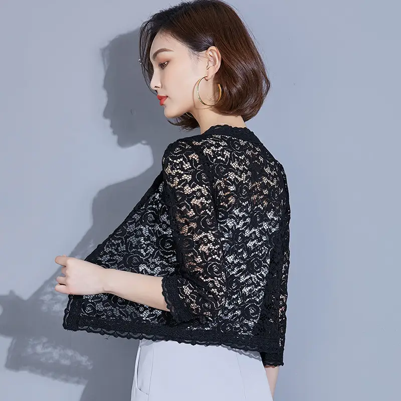 Women's 2020 Lace Short Coat White Black Embroidered - Image 2