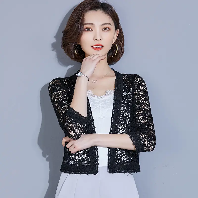 Women's 2020 Lace Short Coat White Black Embroidered - Image 4