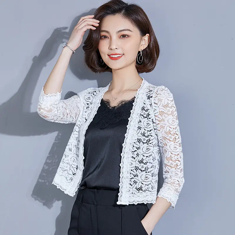 Women's 2020 Lace Short Coat White Black Embroidered - Image 5