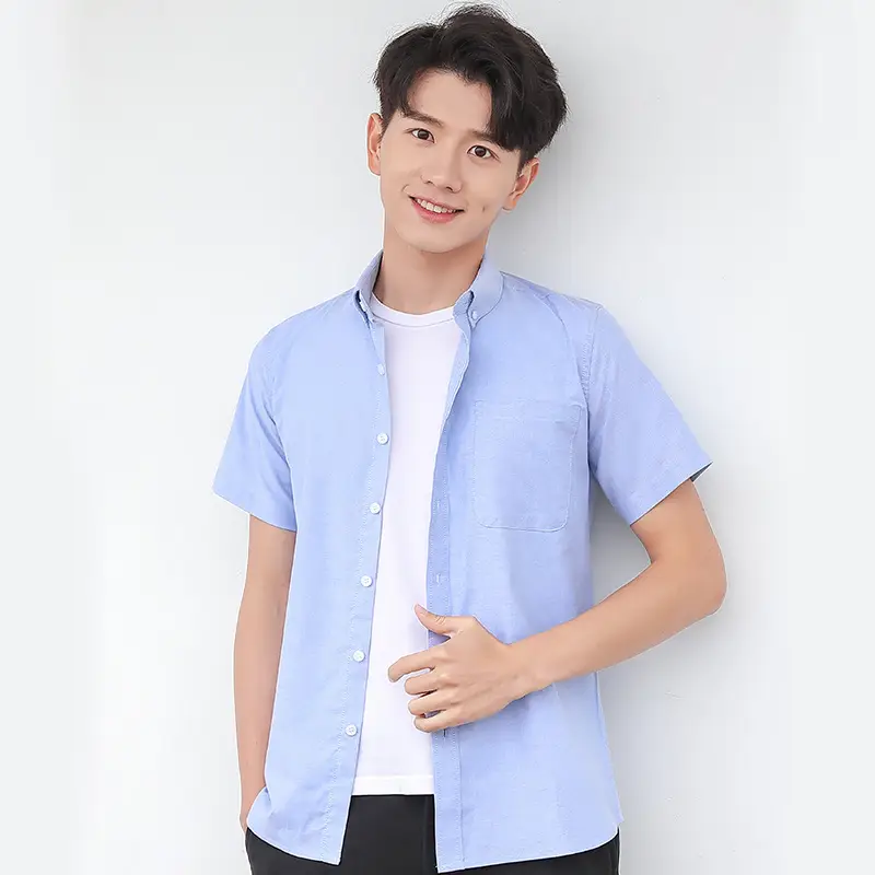Men Light Blue Short Sleeve Oxford Shirt - Image 11