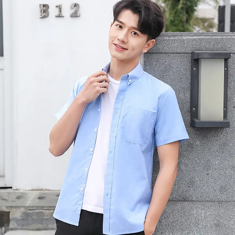 Men Light Blue Short Sleeve Oxford Shirt - Image 12