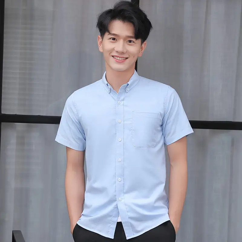 Men Light Blue Short Sleeve Oxford Shirt - Image 13