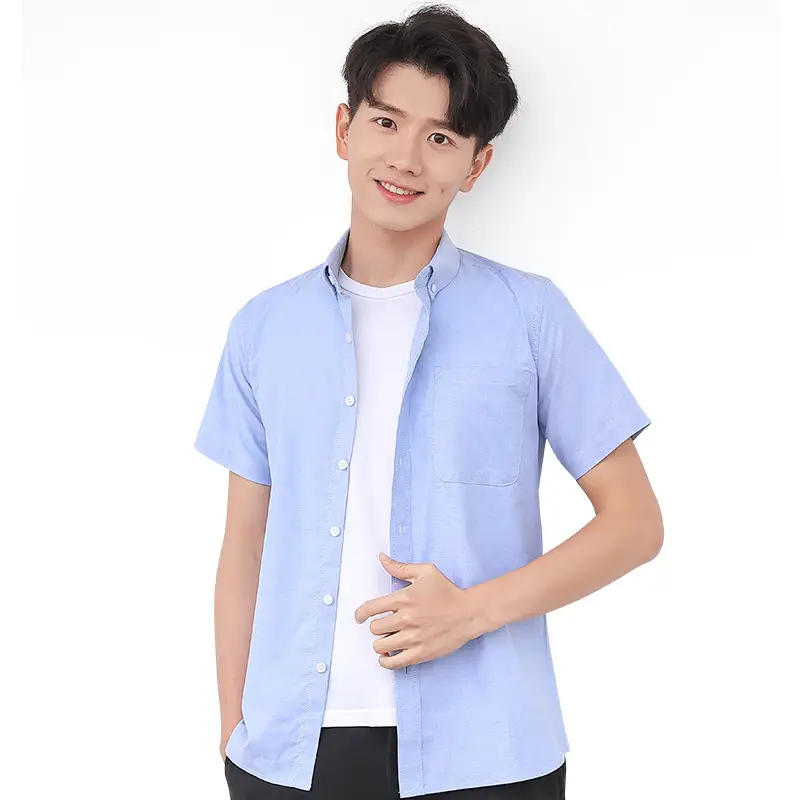 Men Light Blue Short Sleeve Oxford Shirt - Image 15