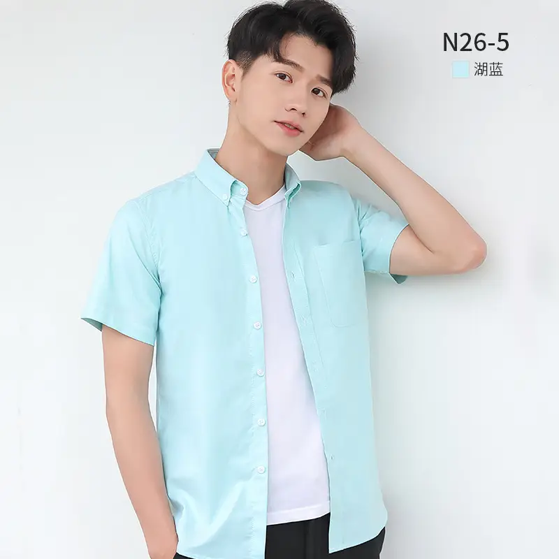 Men Light Blue Short Sleeve Oxford Shirt - Image 10