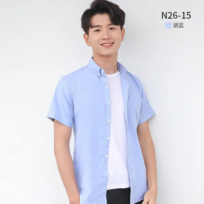 Men Light Blue Short Sleeve Oxford Shirt - Image 9