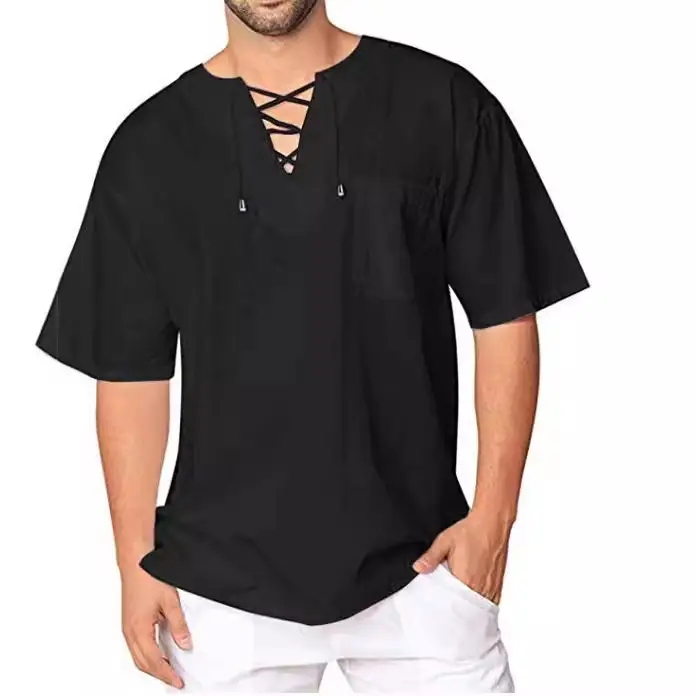 Men's Olive Green Lace Collar T-Shirt Short Sleeve Cotton Linen