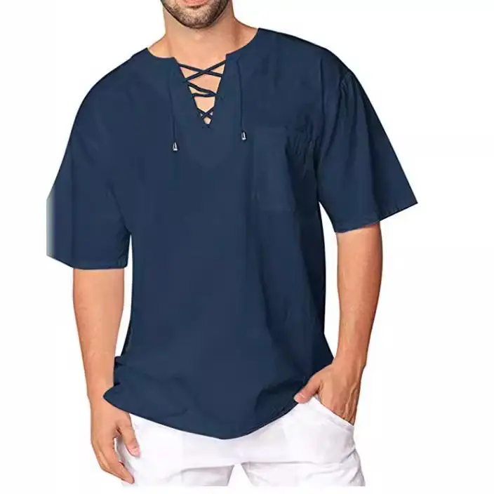 Men's Olive Green Lace Collar T-Shirt Short Sleeve Cotton Linen