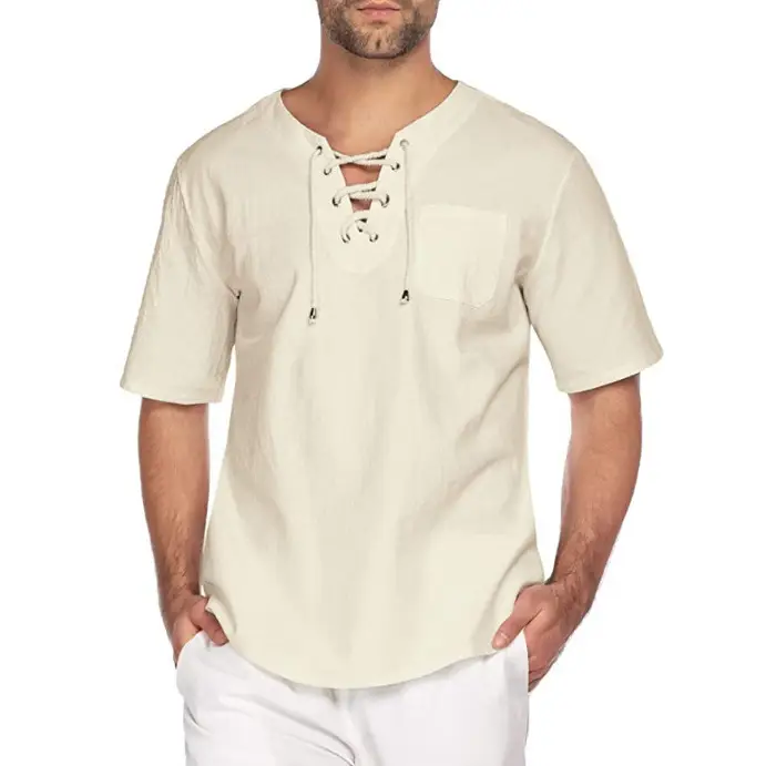 Men's Olive Green Lace Collar T-Shirt Short Sleeve Cotton Linen