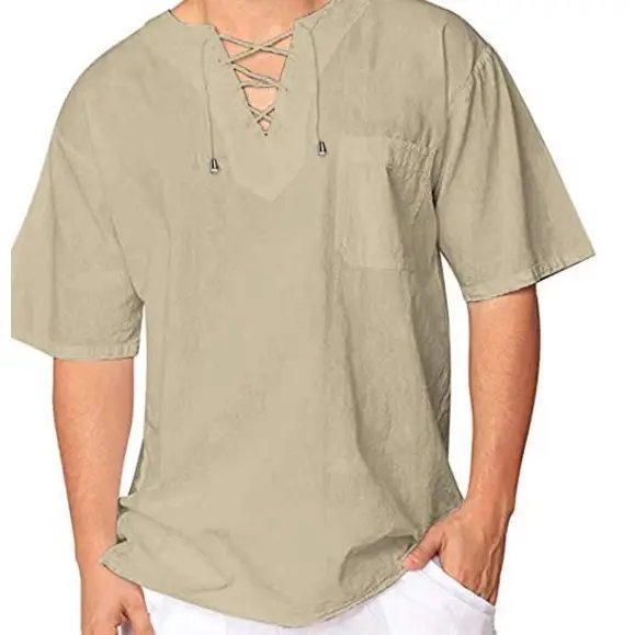 Men's Olive Green Lace Collar T-Shirt Short Sleeve Cotton Linen