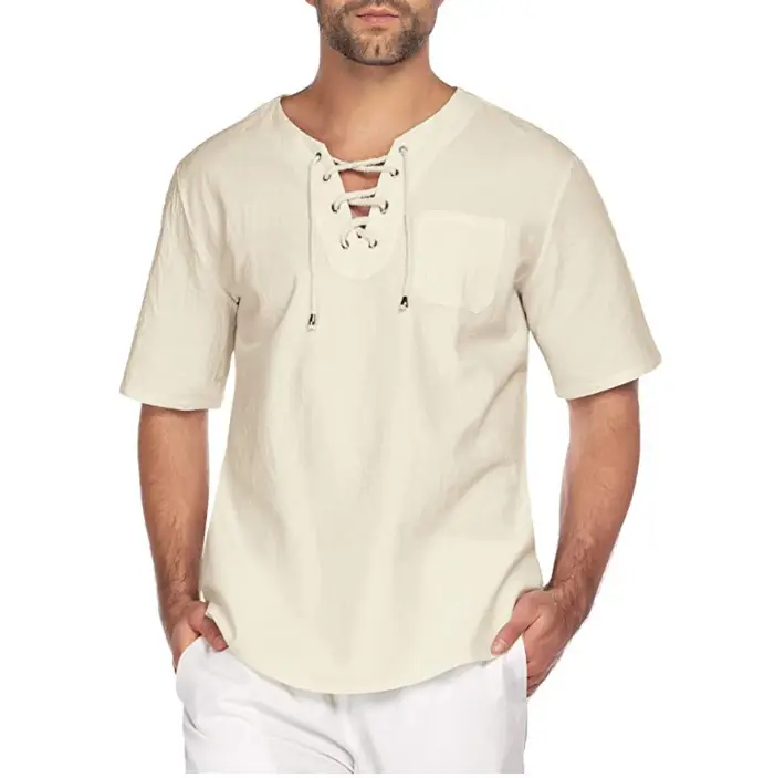 Men's Olive Green Lace Collar T-Shirt Short Sleeve Cotton Linen