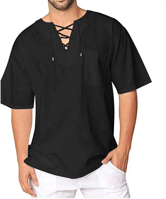 Men's Olive Green Lace Collar T-Shirt Short Sleeve Cotton Linen