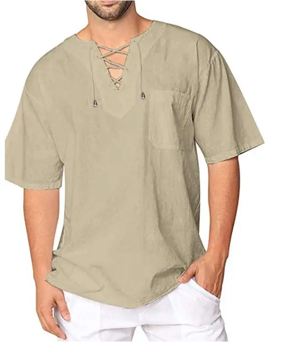 Men's Olive Green Lace Collar T-Shirt Short Sleeve Cotton Linen