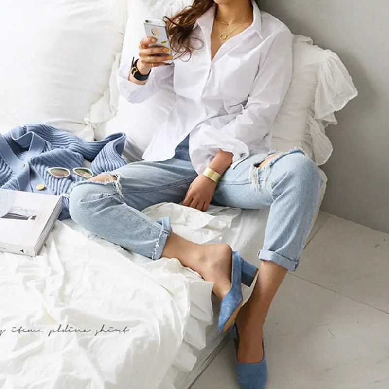 Women White Long Sleeve Button Down Shirt - Image 4