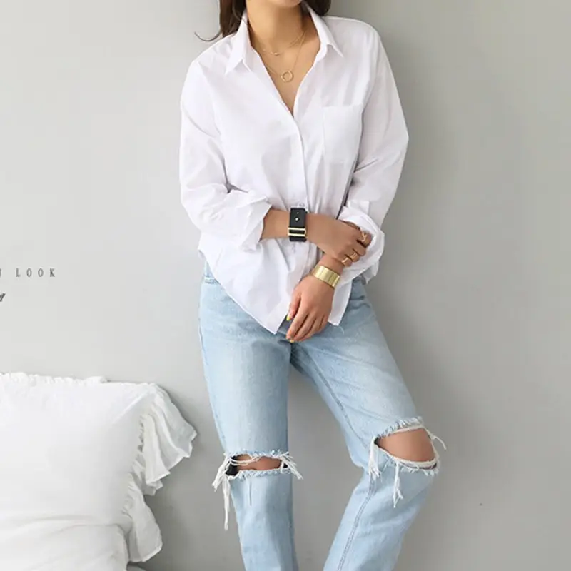 Women White Long Sleeve Button Down Shirt - Image 5