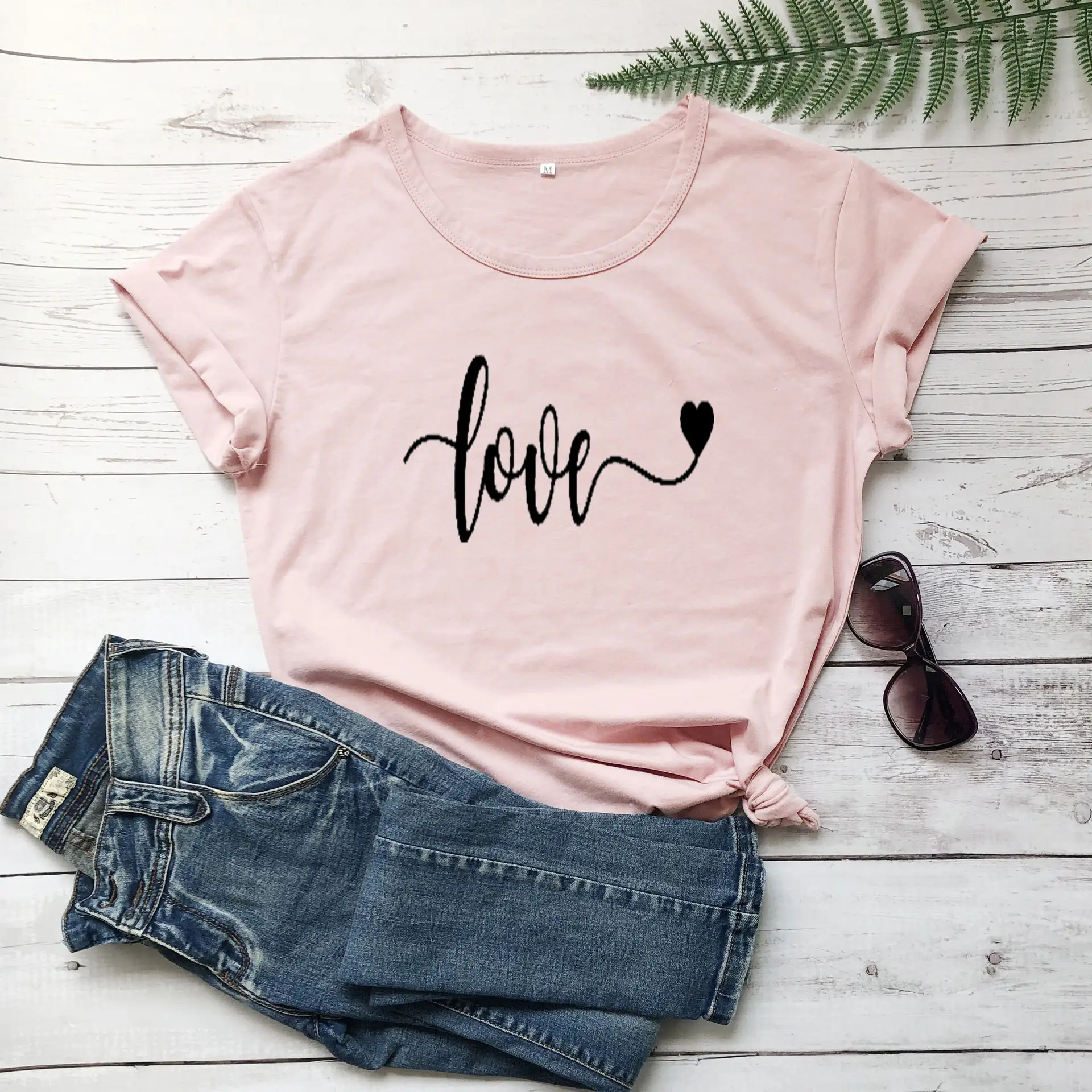 Women Black Love Print T-Shirt Short Sleeve - Image 5