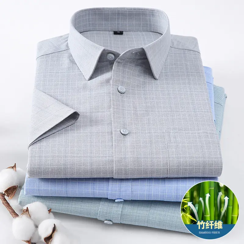 Men's Blue Plaid Bamboo Fiber Short Sleeve Shirt - Image 17