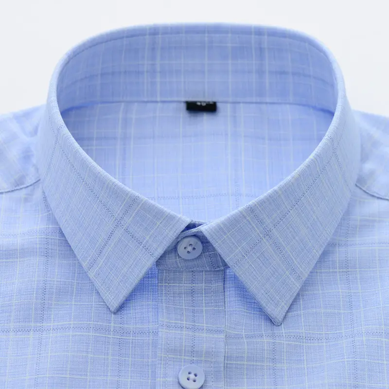 Men's Blue Plaid Bamboo Fiber Short Sleeve Shirt - Image 18