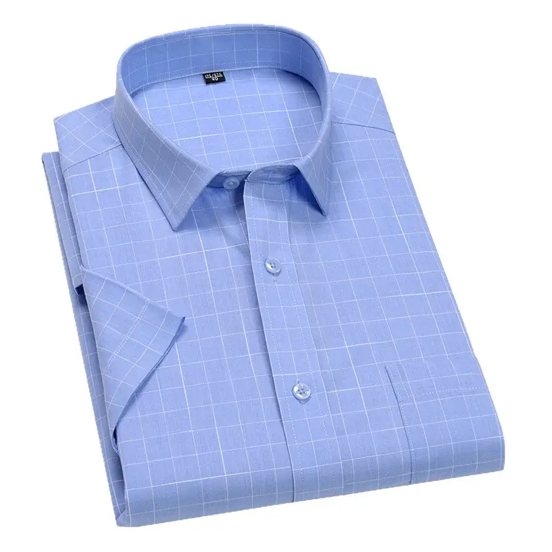 Men's Blue Plaid Bamboo Fiber Short Sleeve Shirt - Image 20