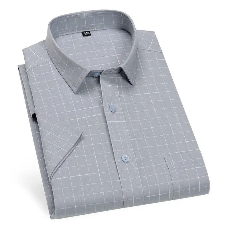 Men's Blue Plaid Bamboo Fiber Short Sleeve Shirt - Image 13