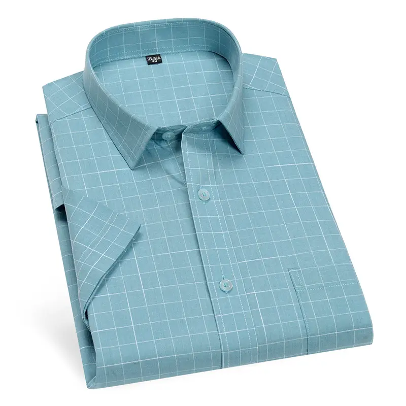 Men's Blue Plaid Bamboo Fiber Short Sleeve Shirt - Image 14