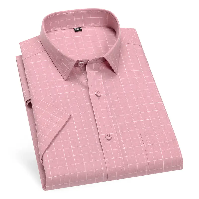 Men's Blue Plaid Bamboo Fiber Short Sleeve Shirt - Image 15