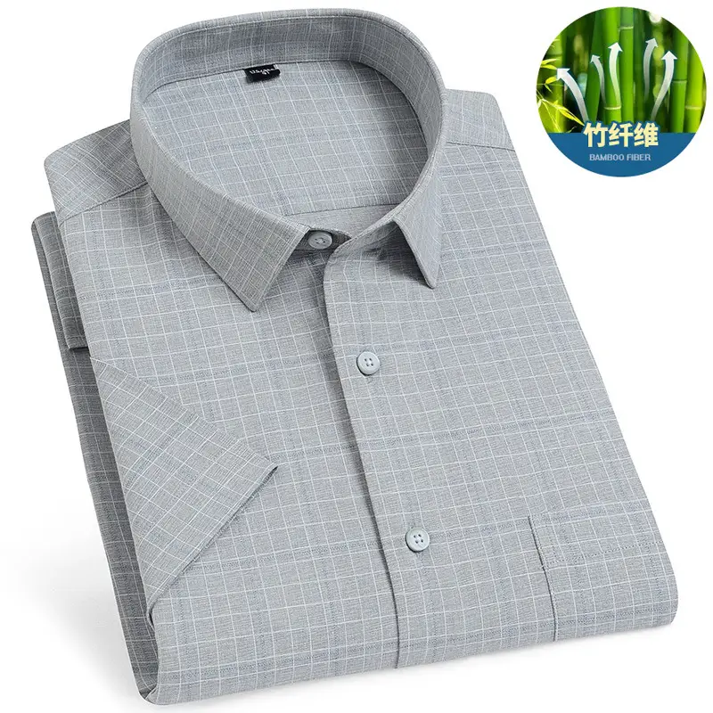 Men's Blue Plaid Bamboo Fiber Short Sleeve Shirt - Image 4