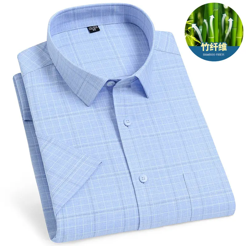 Men's Blue Plaid Bamboo Fiber Short Sleeve Shirt - Image 5