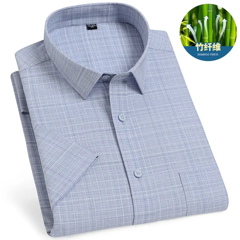 Men's Blue Plaid Bamboo Fiber Short Sleeve Shirt - Image 6