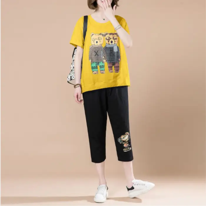 Summer Loose Sleeve Sports Suit Cropped Pants Set