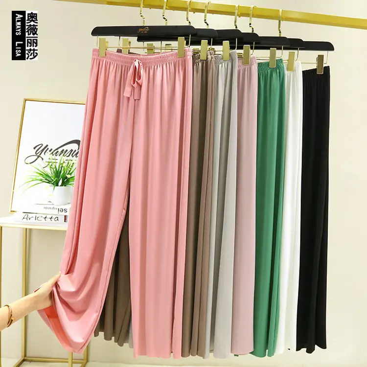 Korean Style Ice Silk Wide Leg Pants Brown Drawstring Waist - Image 8