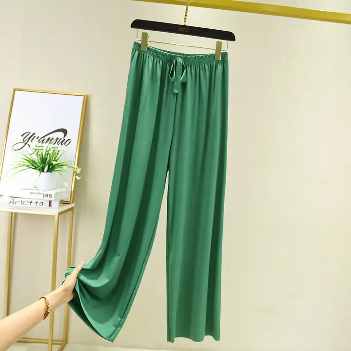 Korean Style Ice Silk Wide Leg Pants Brown Drawstring Waist - Image 9
