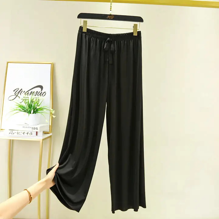 Korean Style Ice Silk Wide Leg Pants Brown Drawstring Waist - Image 10