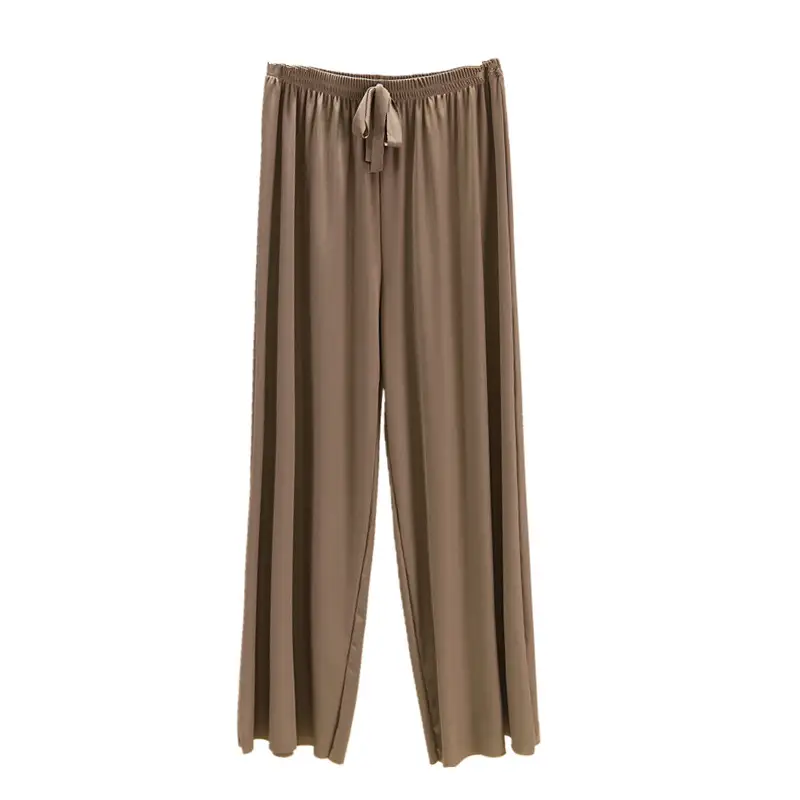Korean Style Ice Silk Wide Leg Pants Brown Drawstring Waist - Image 12