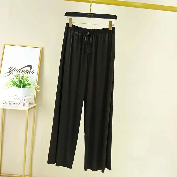 Korean Style Ice Silk Wide Leg Pants Brown Drawstring Waist - Image 3
