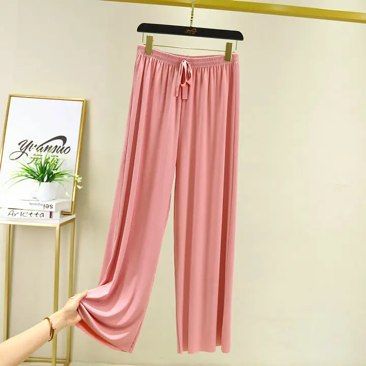 Korean Style Ice Silk Wide Leg Pants Brown Drawstring Waist - Image 5