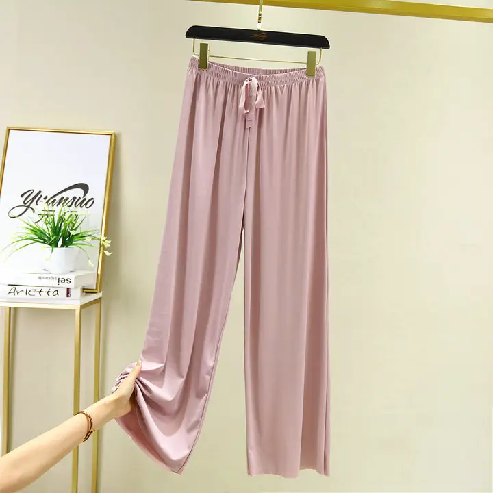 Korean Style Ice Silk Wide Leg Pants Brown Drawstring Waist - Image 6