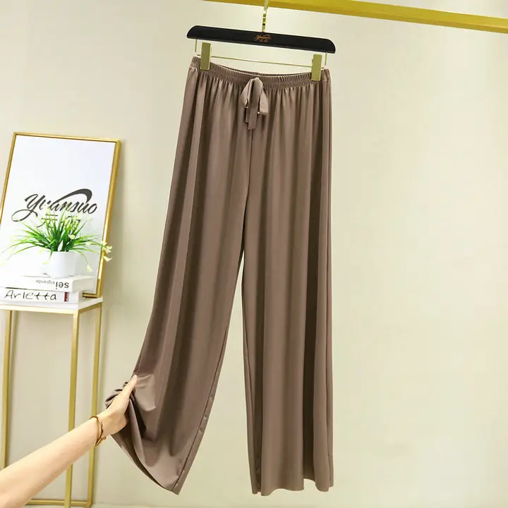 Korean Style Ice Silk Wide Leg Pants Brown Drawstring Waist - Image 7