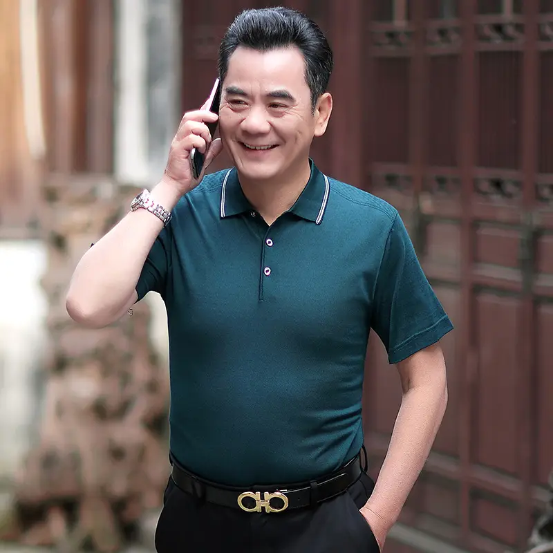 Men Polo Shirt Dark Blue Middle-aged Elderly Loose Fit - Image 6