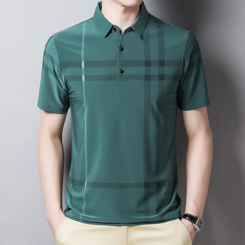 Men Green Checkered Polo Shirt 2023 Summer - Image 7