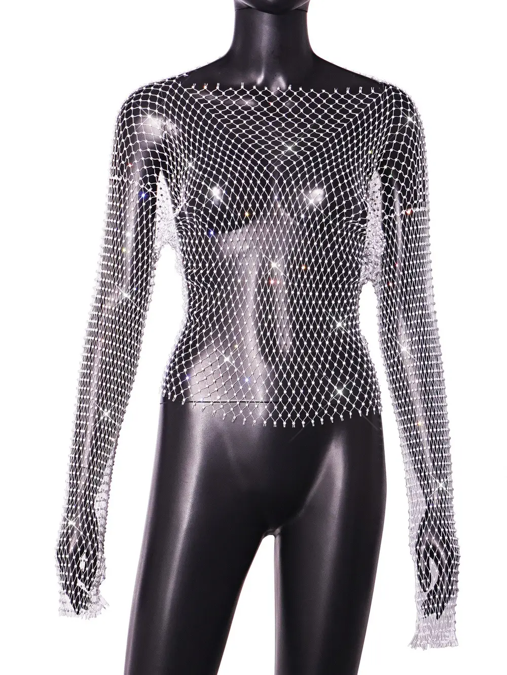 2026 Women's Mesh Rhinestone Nightwear Top Black - Image 2